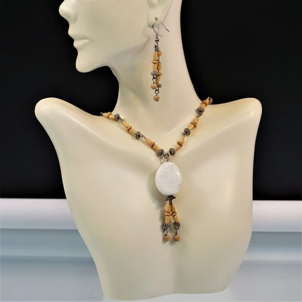 Boho Festival Necklace Earring Set Wood Silver Beads Christina Collection